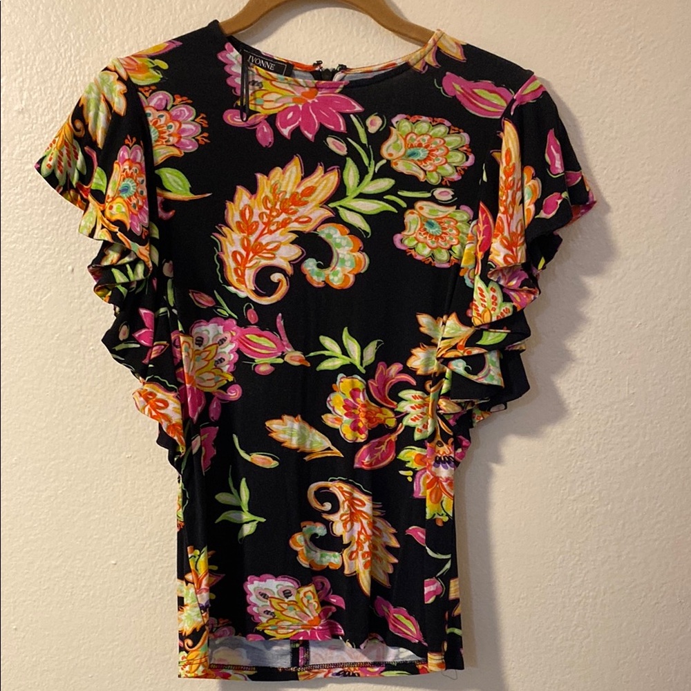Orange and Pink Flutter Sleeve Ruffled Blouse